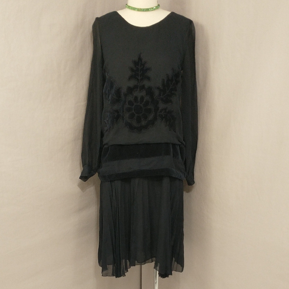 Antique Dress Vintage 20s Silk Lined Low Waist Pleated Skirt Velvet Trim DarkBlu